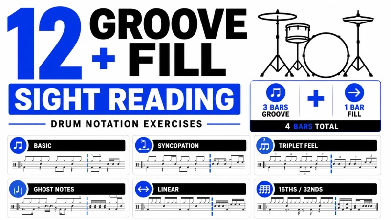 Drum Groove & Fill Sight Reading Practice – 18 Notated Exercises