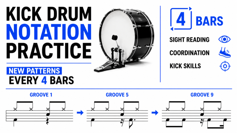 Kick Drum Notation Practice – New Patterns Every 4 Bars